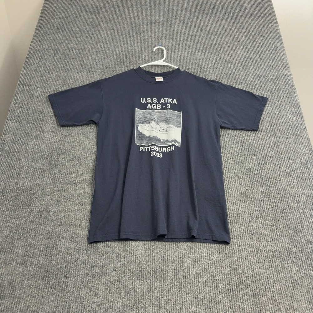USS Atka AGB-3 Pittsburgh 2003 Graphic Anvil T Shirt Mens L Navy Blue Cotton‎